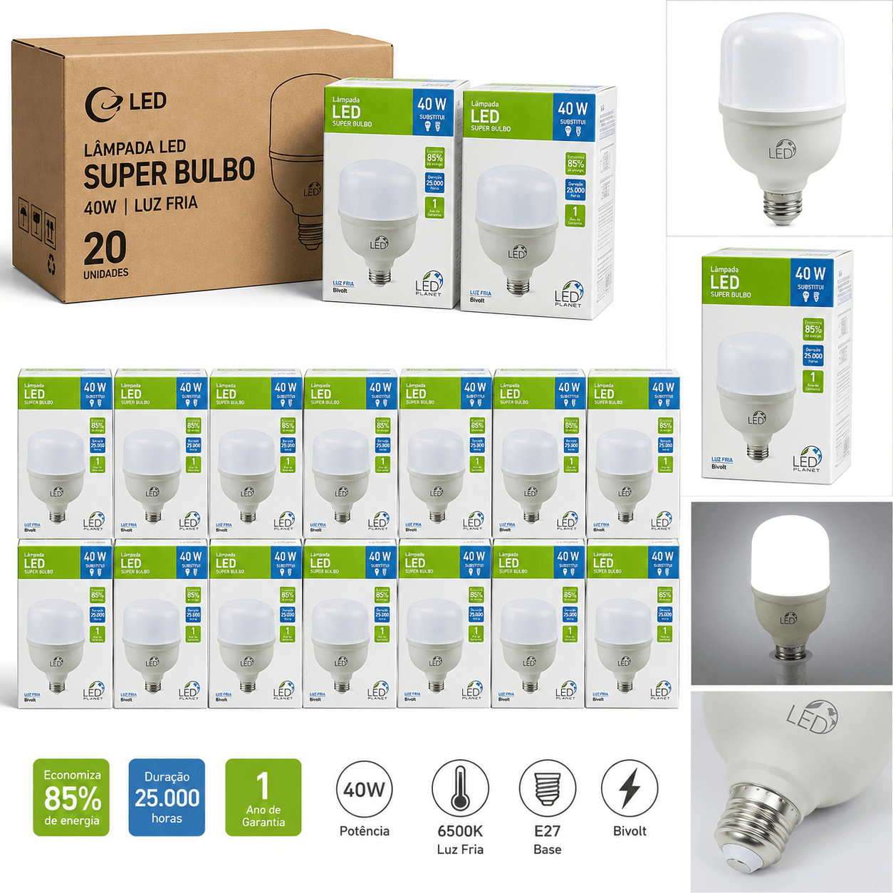 Kit 20 Lâmpadas Led Super Bulbo 40W 6500K Bivolt E27 Led Planet
