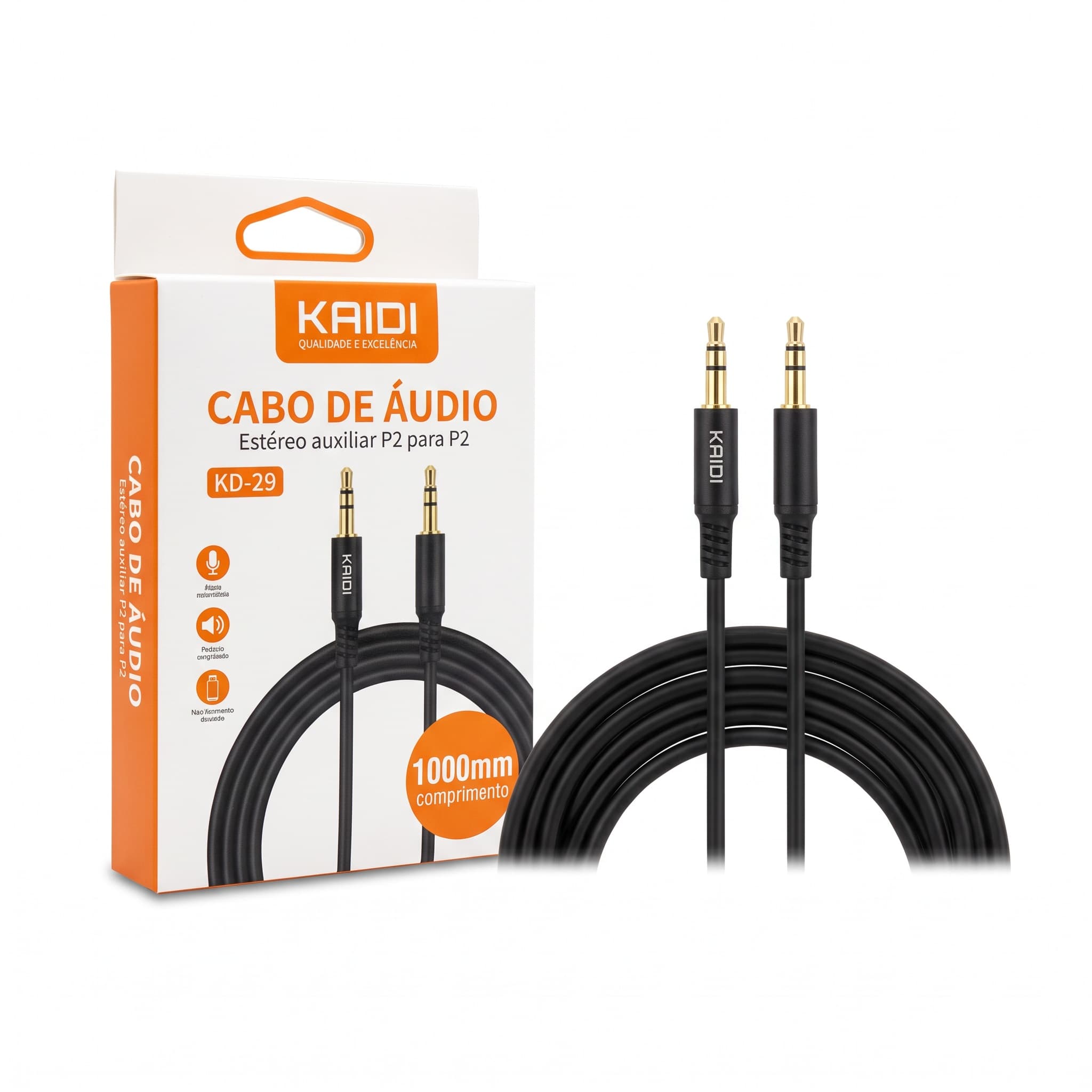 Cabo de Áudio Auxiliar P2 x P2 1m Kaidi KD-29