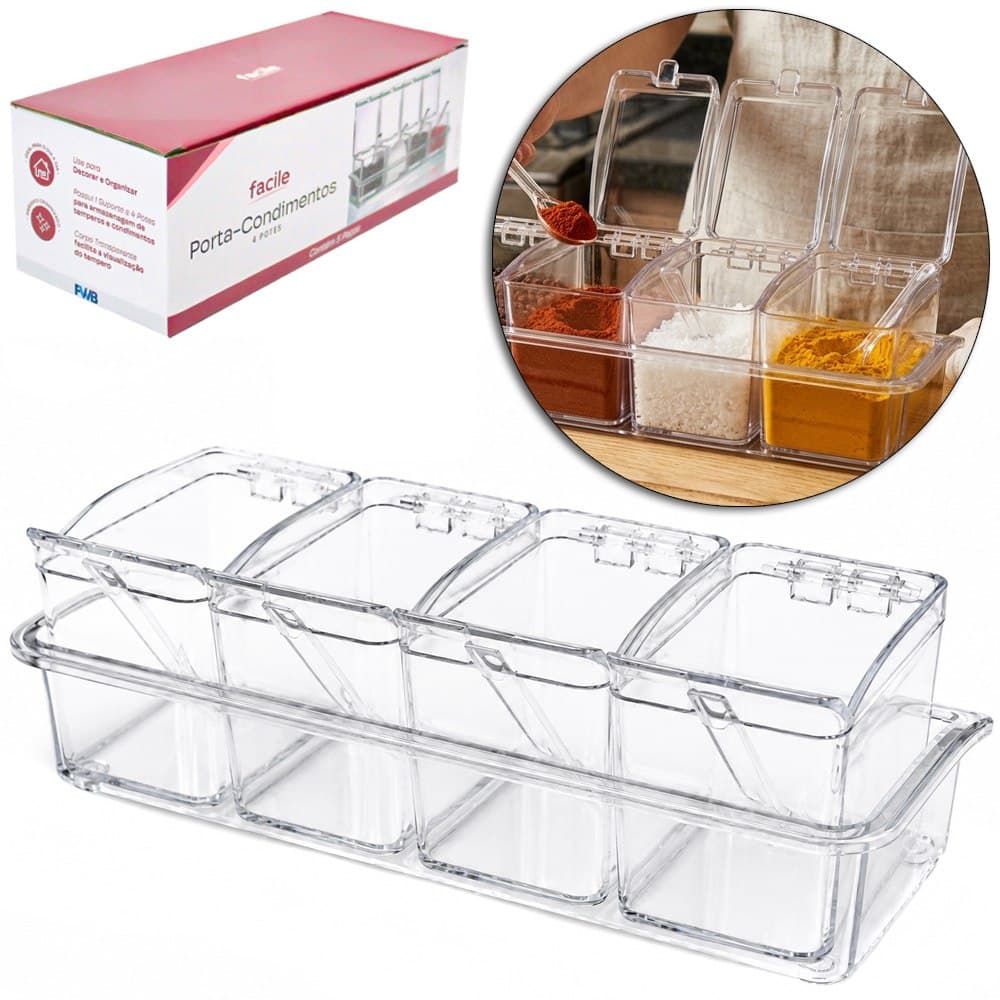 Porta Condimento de Acrílico com 4 Potes 200ml com Colher Tampa e Suporte