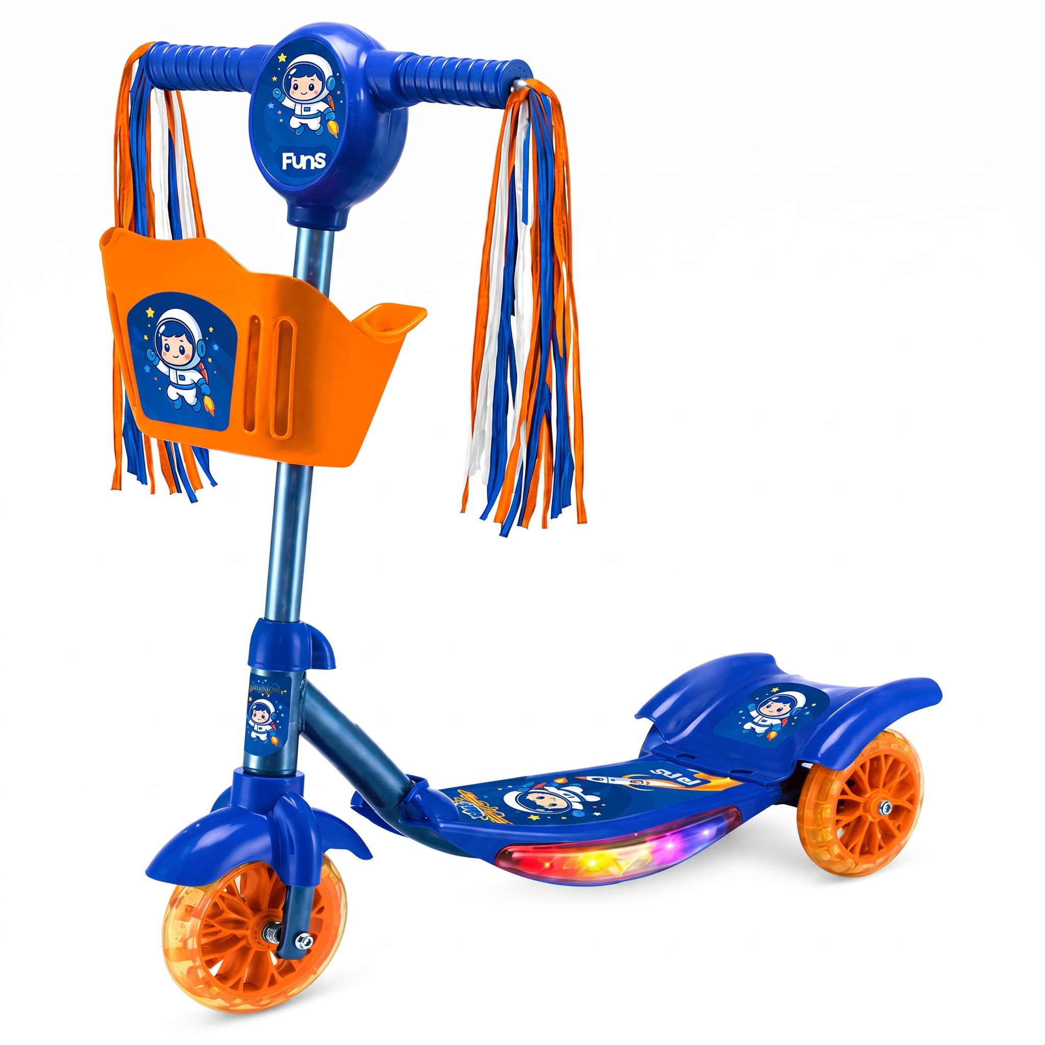 Patinete Infantil Astronauta Funs com 3 Rodas e Cestinha Som e Luz