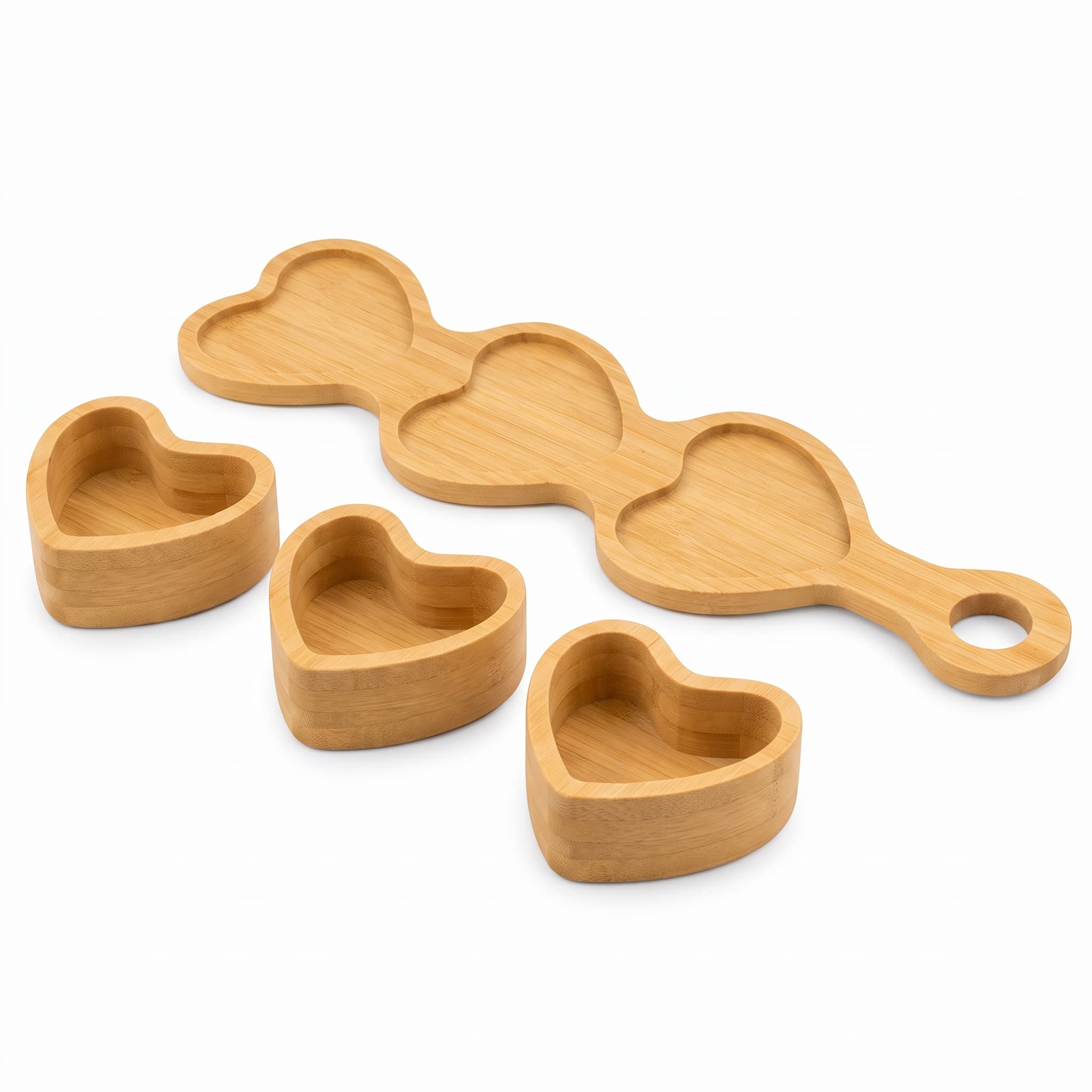 Conjunto de Petisqueiras de Bambu Coração com 3 Peças e Bandeja