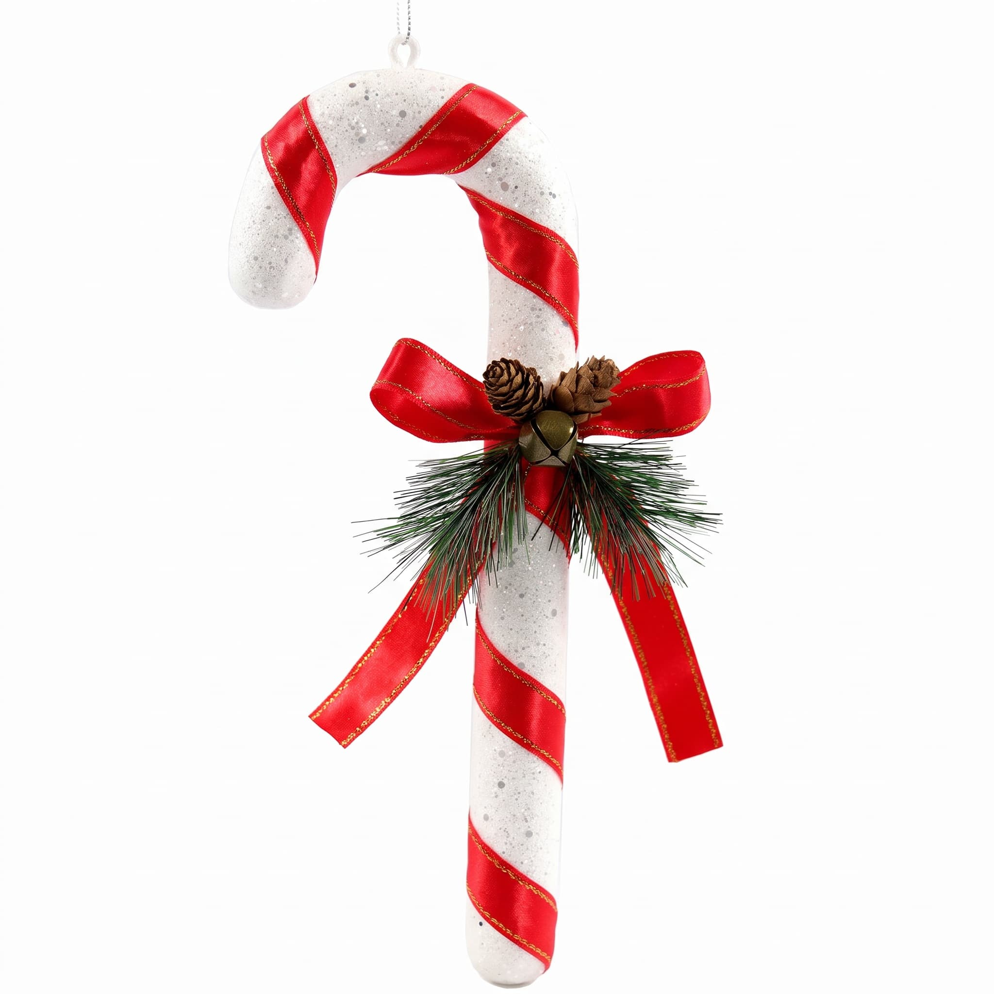 Enfeite Pendente de Natal Bengala com Pinha e Guizo 30cm