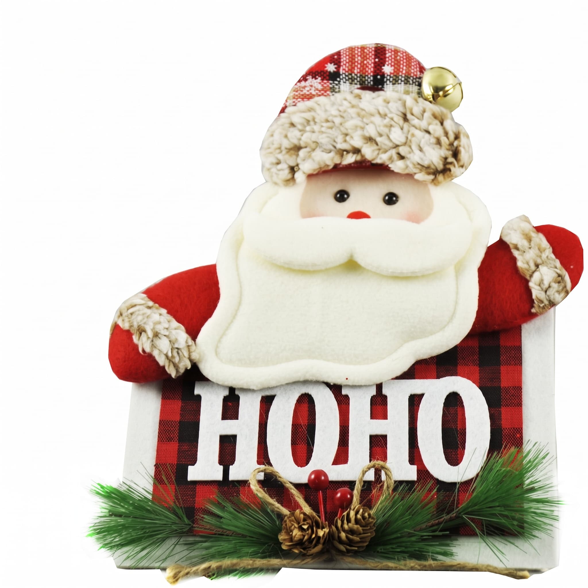 Enfeite de Pendurar de Natal Placa Ho Ho com Guizo e Pinhas 25x24cm