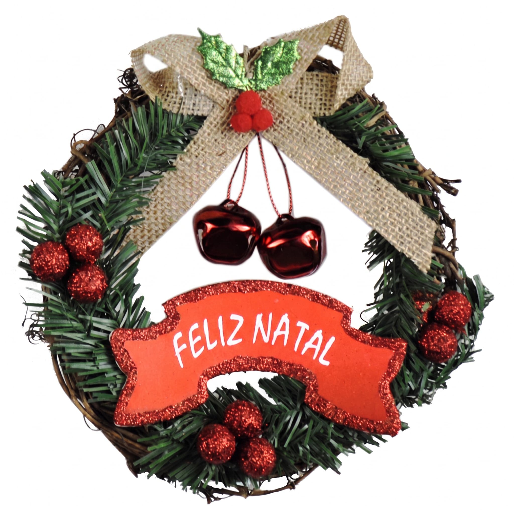 Guirlanda de Natal Feliz Natal com Laço e Guizo 18cm