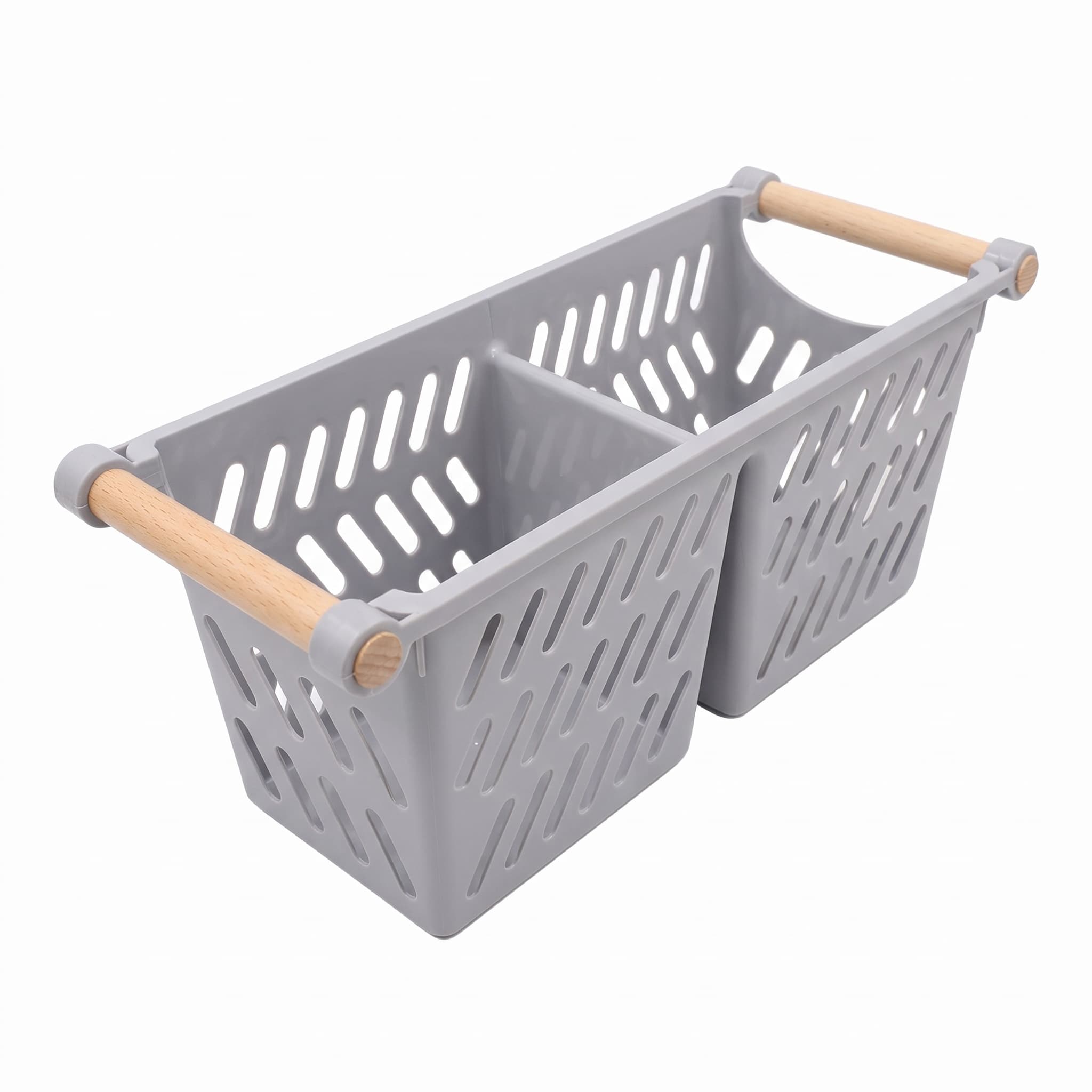 Cesto Organizador Vazado com 2 Divisórias e Alça de Madeira 33x13x13,9cm