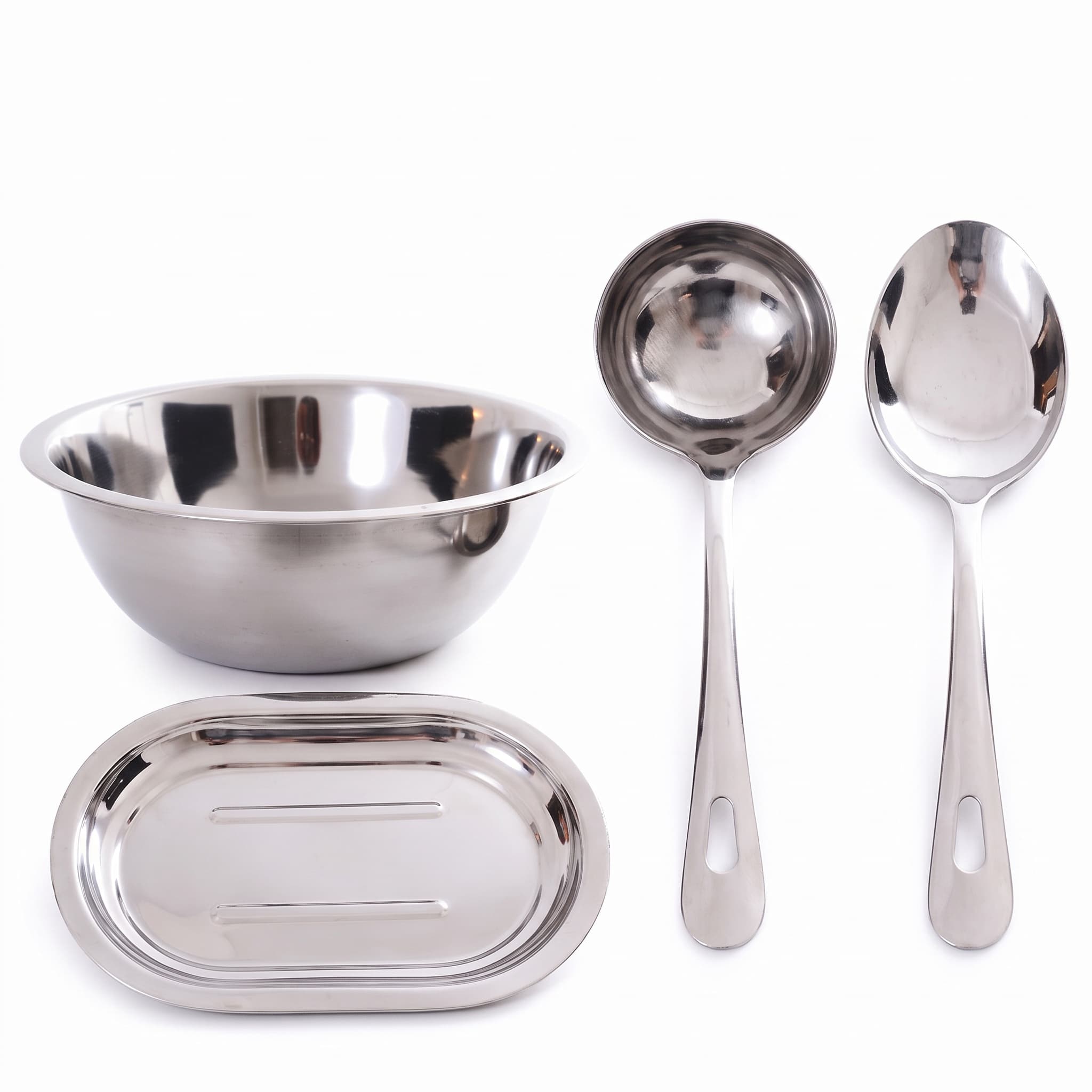 Conjunto de Inox Tigela Saladeira Bowl, Bandeja Oval, Concha e Colher 4 Peças