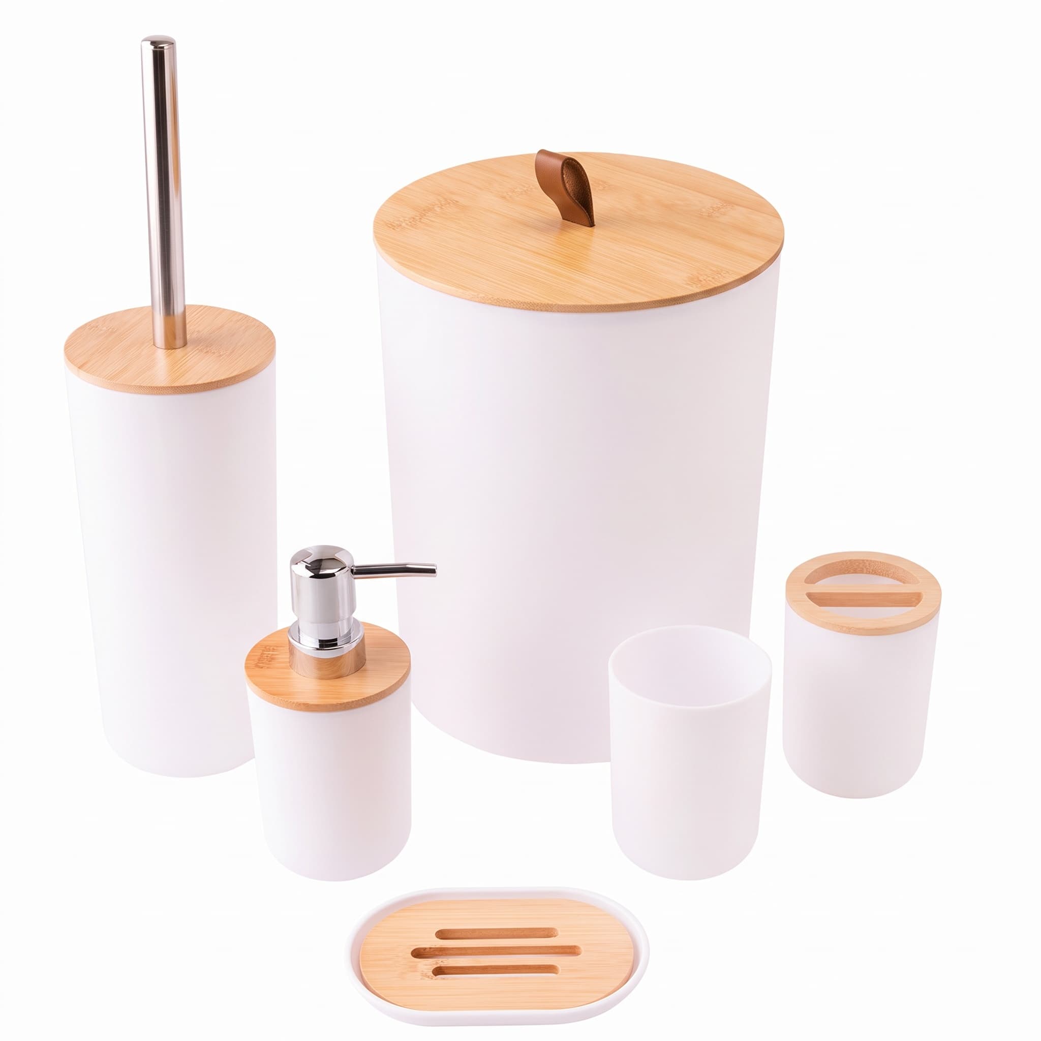 Jogo para Banheiro 6 Peças Lixeira Escova Saboneteira Copo Bambu Flashgoods