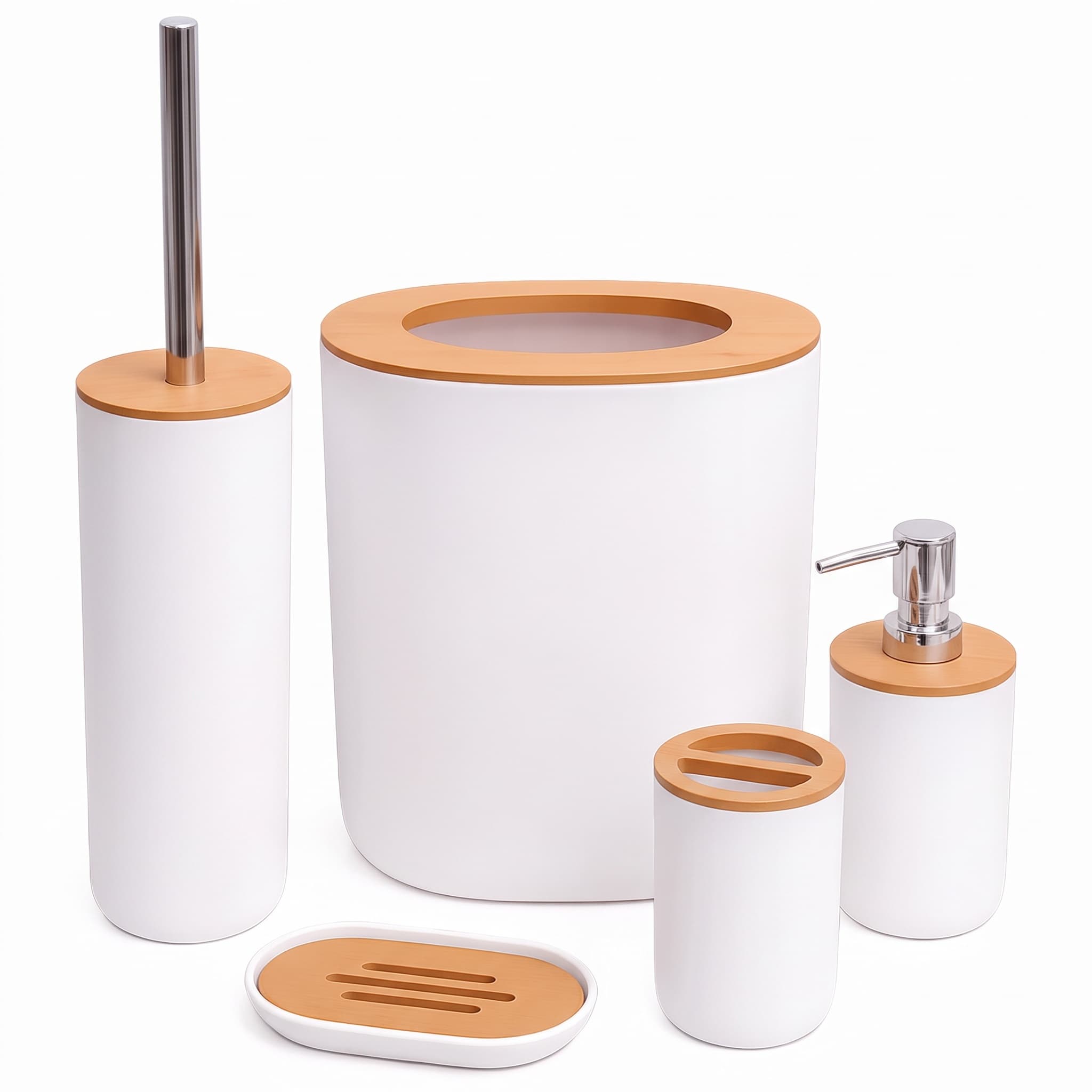 Jogo para Banheiro 6 Peças Lixeira Escova Saboneteira Copo Bambu Flashgoods Branco