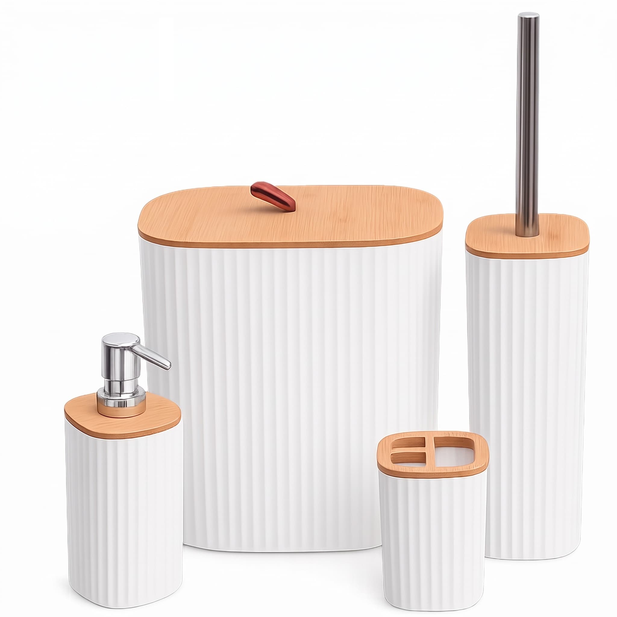 Jogo para Banheiro 4 Peças Lixeira 7,5 L Branco com Tampa de Bambu Flashgoods