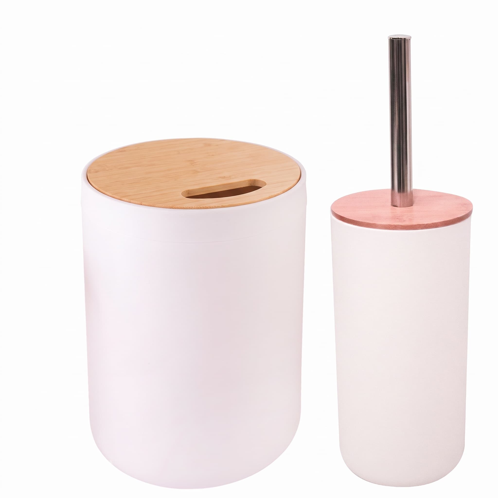 Jogo para Banheiro Lixeira 6,3 L e Escova Sanitária Inox Tampa de Bambu Branco