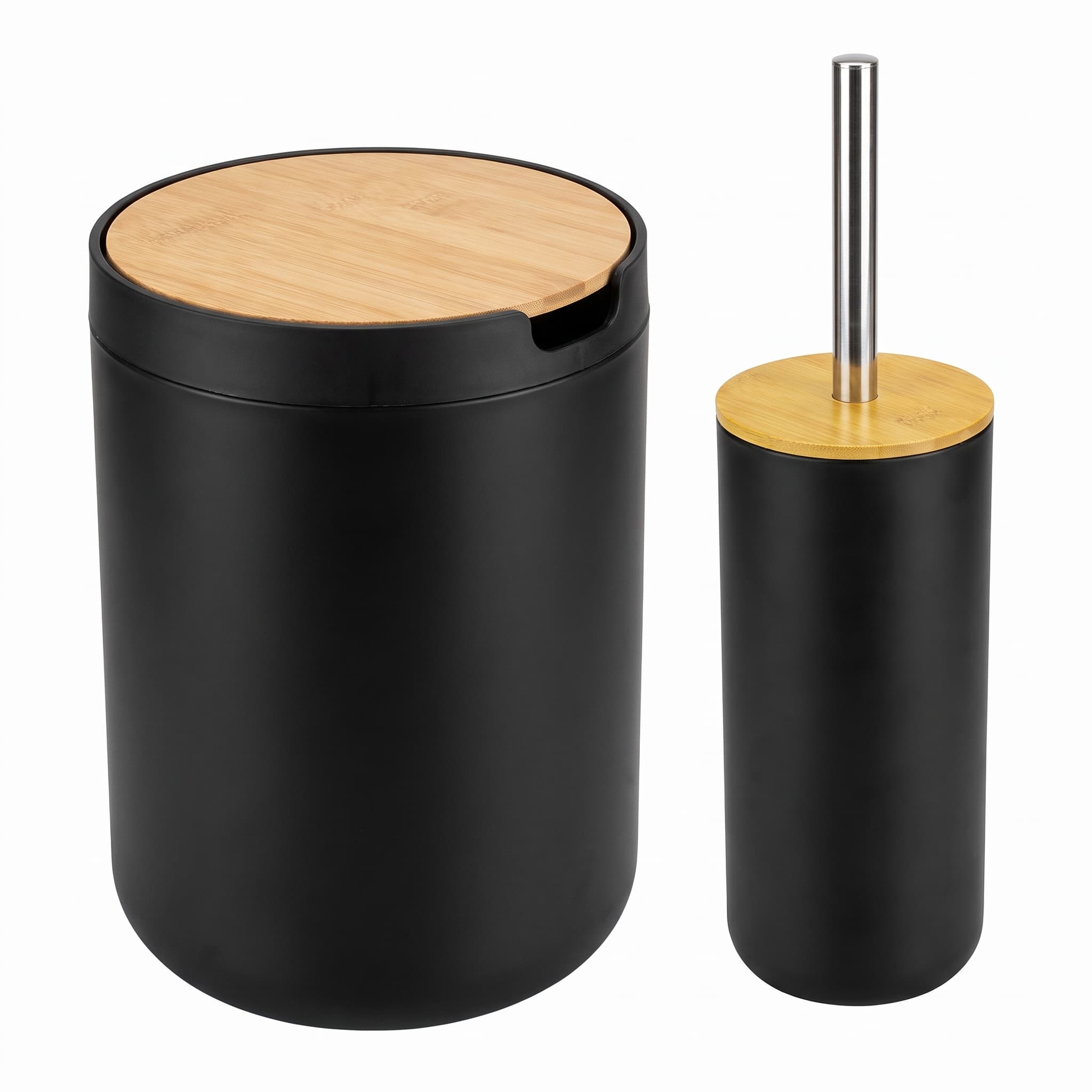 Jogo para Banheiro Lixeira 6,3 L e Escova Sanitária Inox Tampa de Bambu Preto