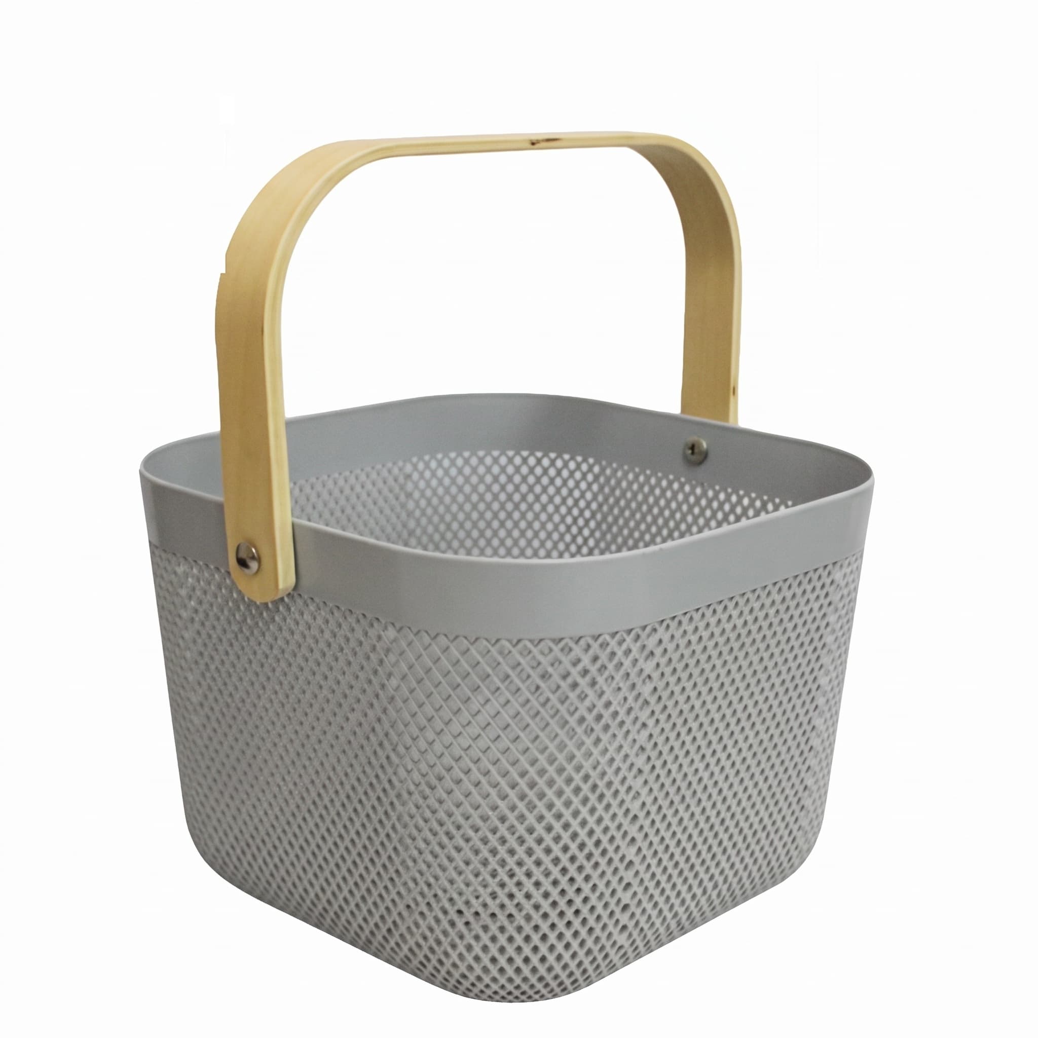 Cesto Organizador de Plástico Quadrado Vazado com Alça de Madeira 25x18 cm Amigold