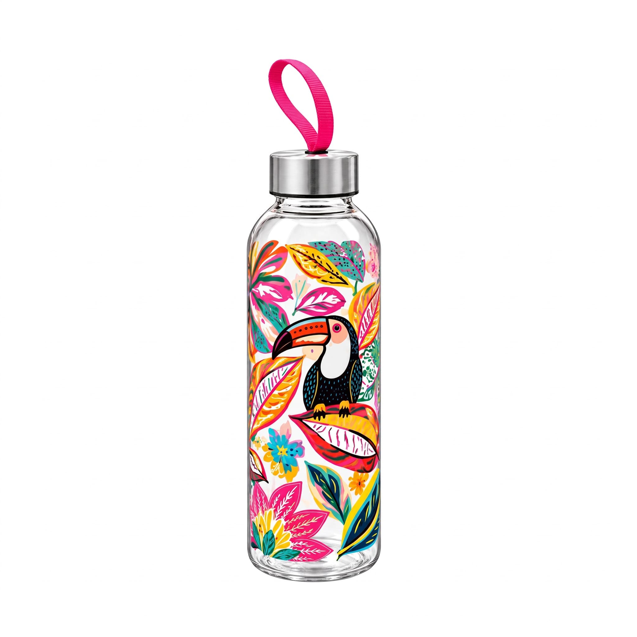 Garrafa Squeeze de Plástico PET Tropical com Tampa de Inox e Alça 580 ml Dcarte