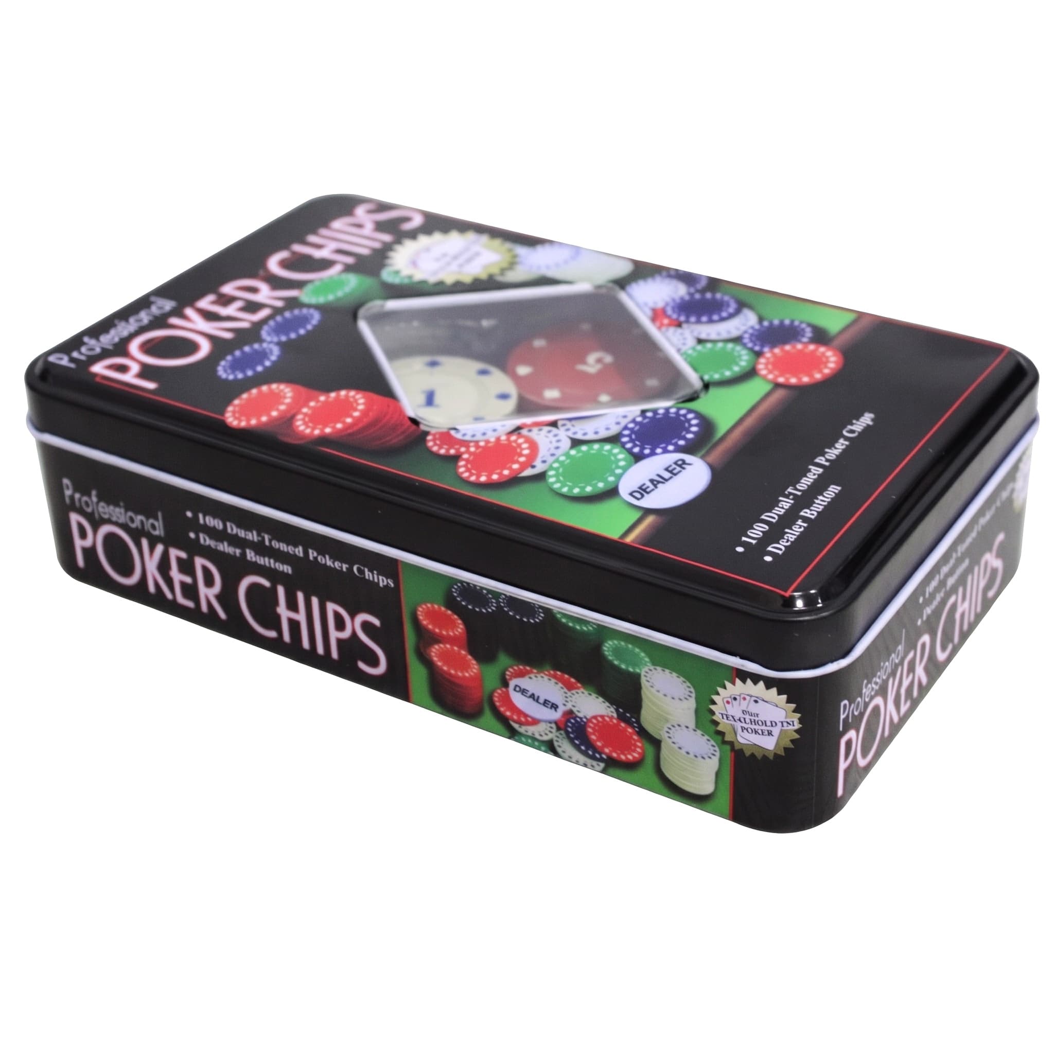 Ficha de Poker com 100 Fichas e Dealer Poker Chips na Lata Fu Xing