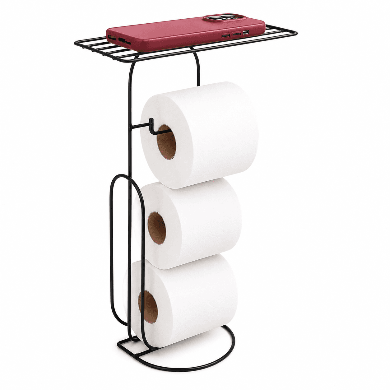 SUPORTE DE PAPEL HIGIÊNICO ARAMADO COM PORTA CELULAR 3 ROLOS PRETO DUOTOP