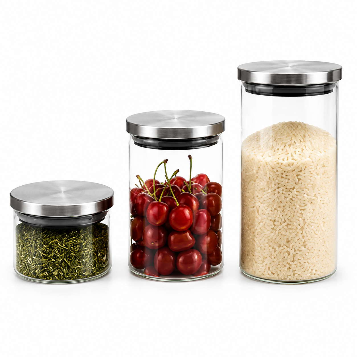 KIT 3 POTES DE VIDRO BOROSSILICATO COM TAMPA INOX
