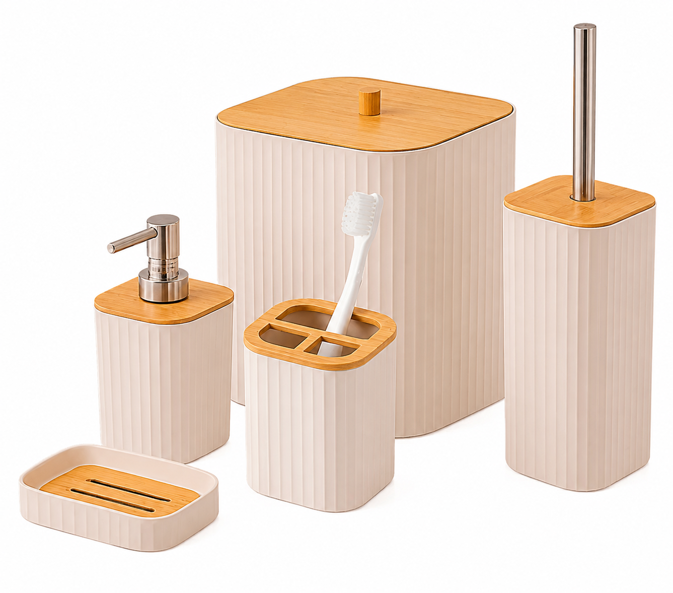 Kit Banheiro 5 Peças Bambu Lixeira Dispenser Saboneteira