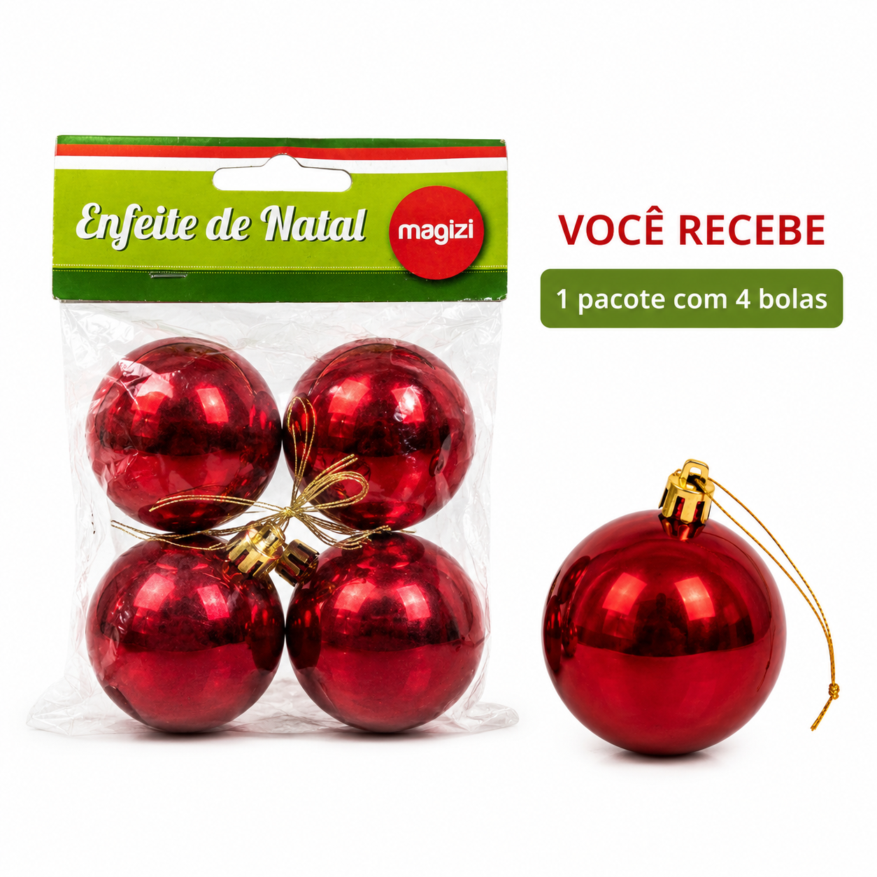 Kit 4 Bolas De Natal Vermelhas Brilhantes 5cm Para Árvore