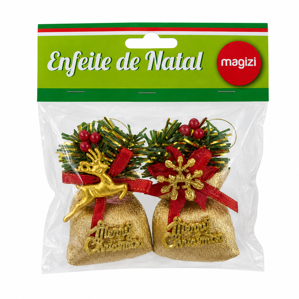 Kit 2 Enfeites Natal Saco Presente Dourado 5,5cm Magizi